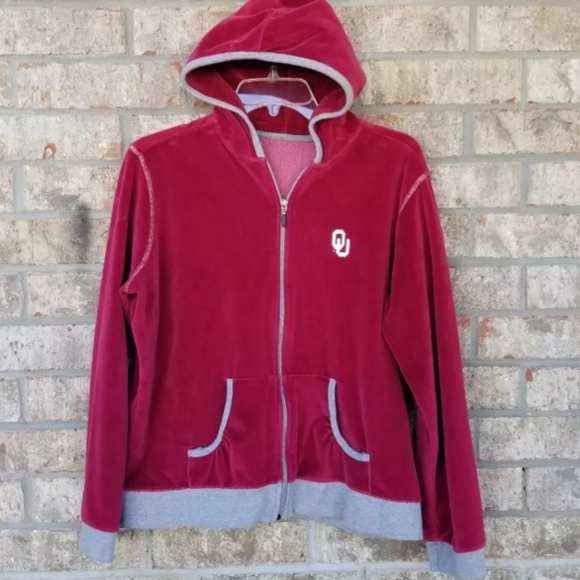 Oklahoma Sooners RED Velour Zip UP Hoodie Jacket (Womens Large) *READ* - Picture 1 of 8